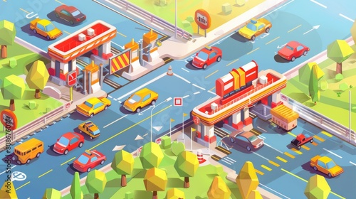 The toll road banner shows an isometric illustration of cars driving on a highway with checkpoint booths and barriers. Modern poster of traffic control system with payment to pass the motorway.
