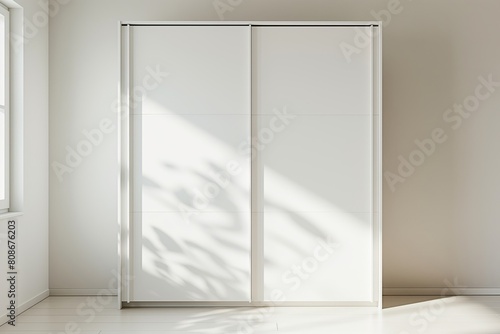 Contemporary white wardrobe with sleek sliding doors, illuminated by natural light, in a minimalistic interior