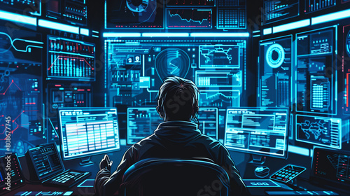 An individual in a high-tech monitoring room oversees multiple screens displaying advanced cyber security data and analytics.