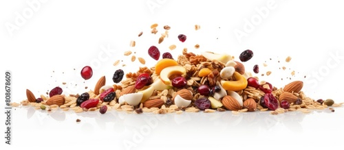 An image of muesli placed alone on a plain white background leaving enough empty space. Copy space image. Place for adding text and design