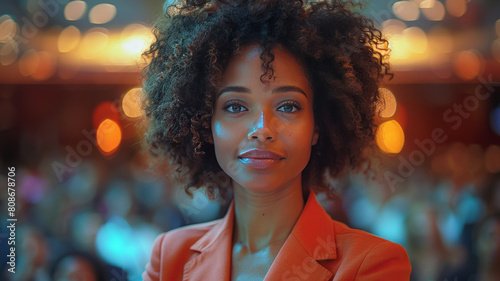 Afro-American businesswoman takes center stage at a conference, delivering a compelling keynote address that captivates the diverse audience.generative ai