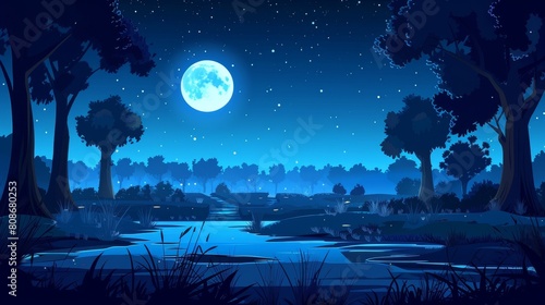 Modern illustration of a night nature landscape with forest trees, roads, lakes, and fields lit up by a full moon shining in starry skies. Cartoon rural background, mysterious countryside view with