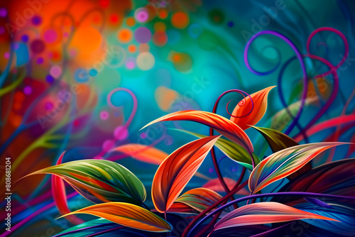 An artistic depiction of tropical foliage with vivacious colored leaves and indulgent curves and swirls
