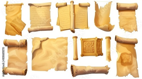 Vintage yellow paper sheets, old parchment scrolls, rolled up documents, ancient manuscripts, isolated on a white background, modern cartoon set.