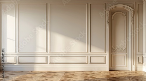 An interior with a beige wall and a closed door with square and rectangular molding stucco panels, an empty room with wooden floors, and an ancient English style house. An authentic 3D modern mockup
