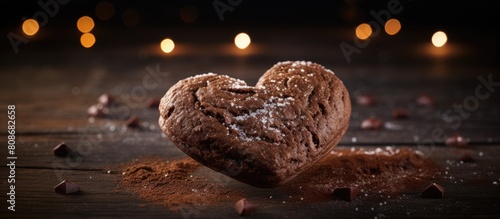 A heart shaped chocolate gingerbread Christmas cookie with a spicy taste is a sweet dessert that adds to the holiday celebrations It can be enjoyed as a snack on the table enhancing the festive food