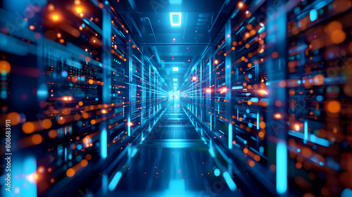 Advanced data center corridor illustrating high-speed technology and data processing