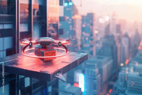 A drone delivering a package to a rooftop landing pad in a futuristic cityscape, showcasing the potential of unmanned aerial vehicles for sustainable deliveries in dense urban environments. 