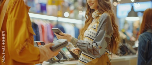 Cashier Counter of Clothing Store: A woman retail sales manager accepts NFC smartphone and credit card payments from a young female customer.