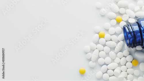 White pills spilling out of an blue pill bottle on a white background, with space for copy text or product placement. A closeup shot of scattered yellow and round white oval tablets