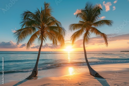 Picturesque Beach palms sunset sky. Water sunrise view. Generate Ai
