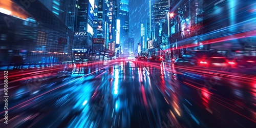 Evening urban street with illuminated motion blur.