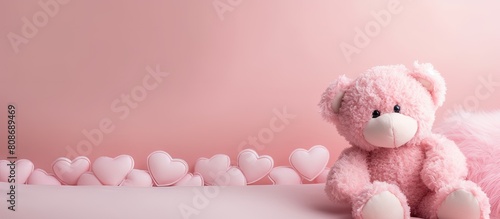 Valentine s Day background with a girlish soft toy on a gentle pink background providing copy space for images