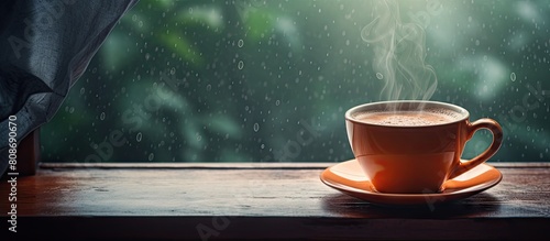 A hot drink accompanied by a napkin sits on a windowsill against a background of rain The image has plenty of empty space for copy. Copy space image. Place for adding text and design
