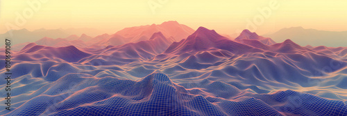A digital landscape of wireframe mountains under a gradient sunrise, evoking a sense of tranquil modernity.