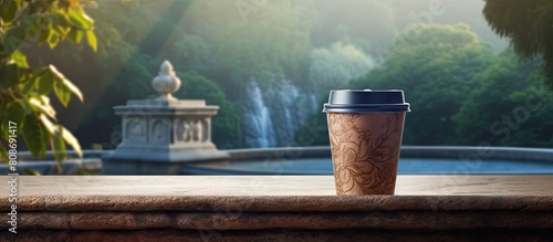 Outdoor copy space image of a coffee to go a cardboard cup with a plastic lid placed on a stone parapet near a fountain