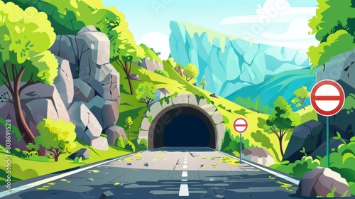 Tunnel road after landslide or earthquake with u-turn signs, stone on asphalt and reversal road sign, modern cartoon illustration.