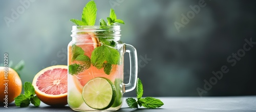A refreshing mojito cocktail with grapefruit lime and mint fills a Mason jar mug resting on a gray stone surface The image provides ample copy space
