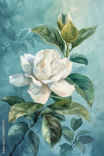 Delicately painted in watercolor, the Gardenia flower exudes elegance and grace, its creamy white petals unfolding in layers, emitting a sweet, intoxicating fragrance.
