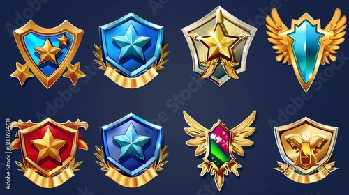 Medals in the shape of pentagon medals with stars, chevrons, wings. Gui symbol for progress. Military game rank badges isolated on background.