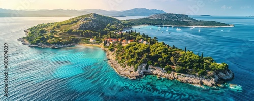 Aerial view of peaceful Zabodarski Otok island in the Adriatic Sea, Primorje-Gorski Kotar, Croatia.