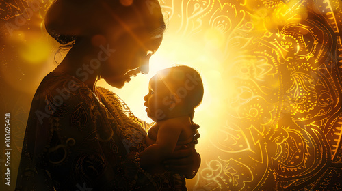 mandala gold background siluette mother baby sunrays sunlight love hyperrealistic