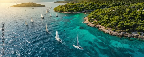 Aerial view of sailing boats for a regatta along the coastline in Zara with beautiful Adriatic coastline and turquoise sea, Croatia.