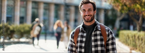 A handsome man in his late thirties smiling and wearing an unbuttoned flannel shirt with a brown backpack, walking on campus with students blurred in the background. In the background are modern 