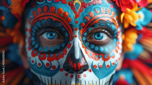 Close-Up Of Person With Mexican Dia De Los Muertos Makeup. Calavera, The Day Of The Dead Face Paint
