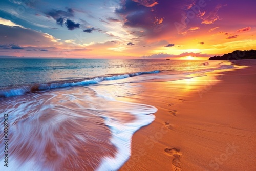 Golden sunset over vibrant sandy beach with waves
