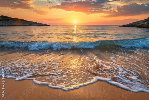 Golden sunset over vibrant sandy beach with waves