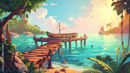 An illustration of a wooden pier in a jungle forest with a boat on a rope. Sea dock bridge with lianas in a tree near a river. Wharf on the ocean with beautiful sunlight. Ship on rope near pontoon