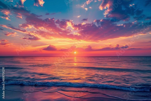 Golden sunset reflecting on tranquil ocean horizon