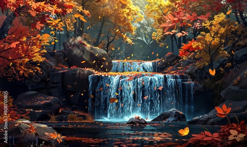 A waterfall cascades down dark rock surrounded by autumn leaves