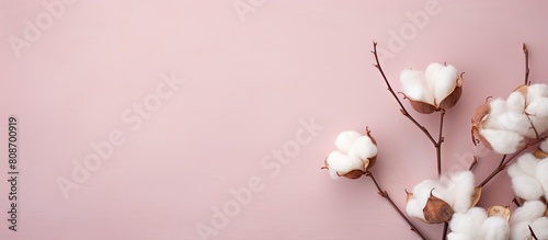 Top view of a feminine light rose background featuring a branch of cotton flower suitable for use as a design element or a greeting card The image has plenty of copy space