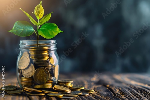 Green money plant in a glass jar with stacks of coins.