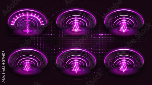 Set of realistic purple radio wave signals on transparent background. Modern image depicting wifi connection, sound spread, pulse effect, vibration frequency, radar area.