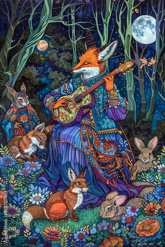 A fox minstrel serenading rabbits in a moonlit clearing 2D fairy tale illustration with jewel tones