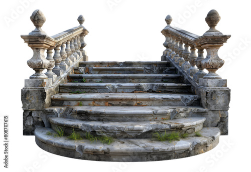 An old, slightly destroyed staircase with steps. Antique porch staircase isolated on white transparent background
