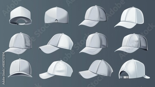 A mockup of a snapback hat from different angles -- front, back, three quarters and side. The mockup includes realistic modern templates of gray snapback hats with visors. The mockup also includes