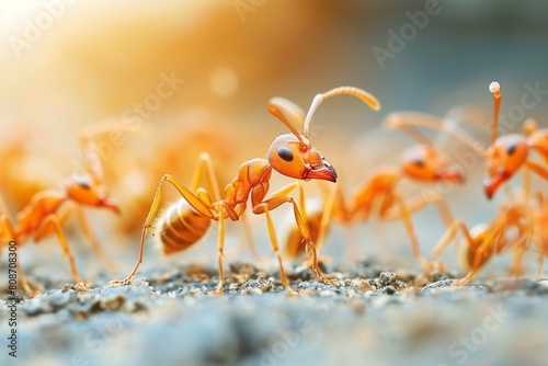 This vibrant close-up showcases the intricate details and colors of ants as they traverse across pebbled ground, illuminated by sunlight