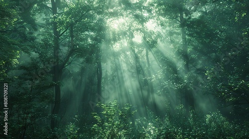 forest canopy illuminated by the soft light of dawn