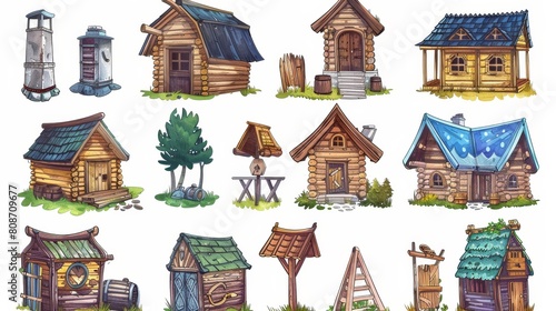 Symbol of a wooden cabin in the summer forest. Wood mountain shack icon isolated on white background. Illustration of a timber cottage with a door, lodge, window, and roof.