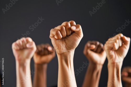 Multi ethnic fists raised up in sign of protest and social unrest.