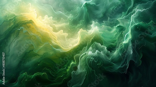 A digital artwork that interprets the motion of algae in water as fluid, swirling brushstrokes, blending various shades of green against a watery backdrop, evoking a sense of movement and growth.