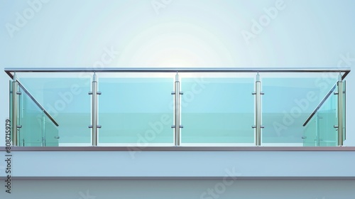 An elegant and real-looking modern set of glass banister for a balcony or terrace. A realistic modern set of horizontal handrail with plexiglass panel and metal tubular beam fasteners for a stairway