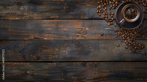 Coffee cup and beans on wood background selective focus.Top view with copyspace for your text