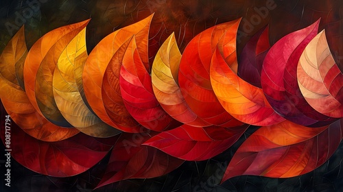 A dynamic and flowing abstract artwork, where leaf shapes in persimmon and deep reds intertwine and overlap, creating a sense of movement and the brisk energy of an autumn breeze.