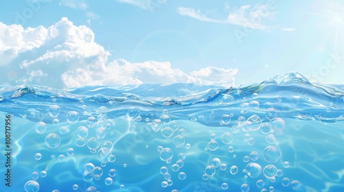 Water bubbles under the surface of the water with transparent waves, sunny day cloudscape, natural environment. Modern realistic image of seas, oceans, rivers, lakes, aqua and air bubbles.
