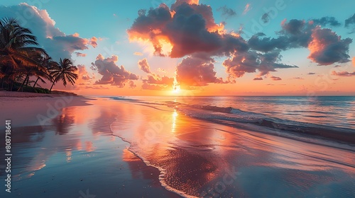 A breathtaking tropical beach scene at sunrise, where the sky is painted in soft apricot hues that reflect off the calm ocean waters, creating a tranquil yet vibrant start to the day.